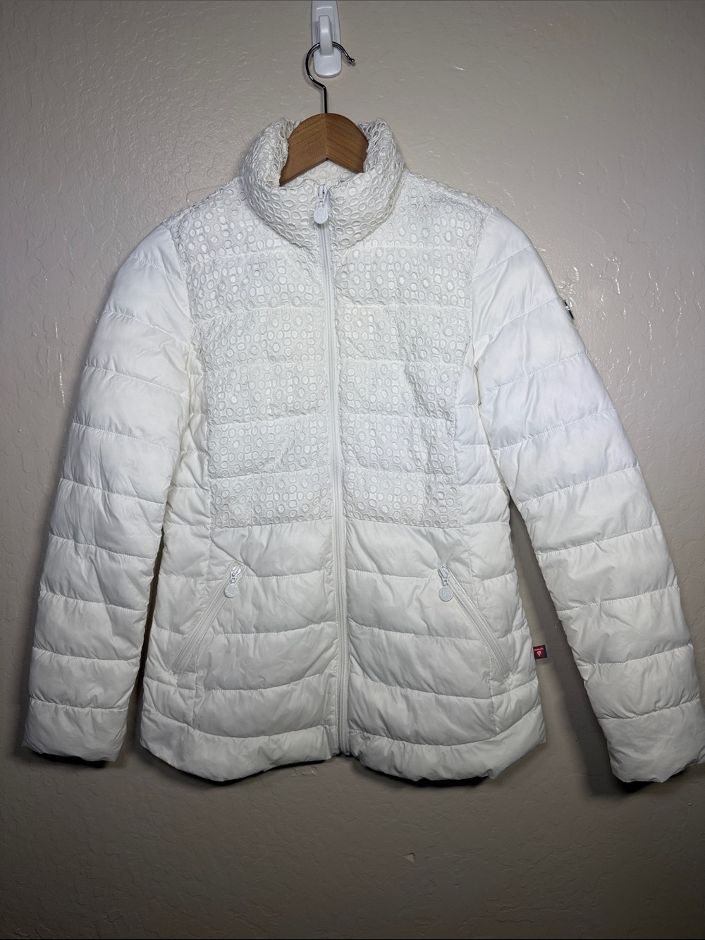 Bernardo White Packable Puffer Jacket with Eyelet Lace Detail Size XS